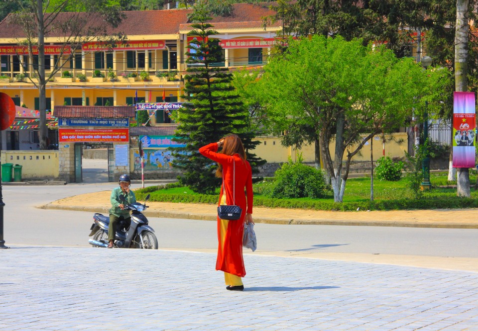 Una ragazza vietnamita che indossa l'ao dai