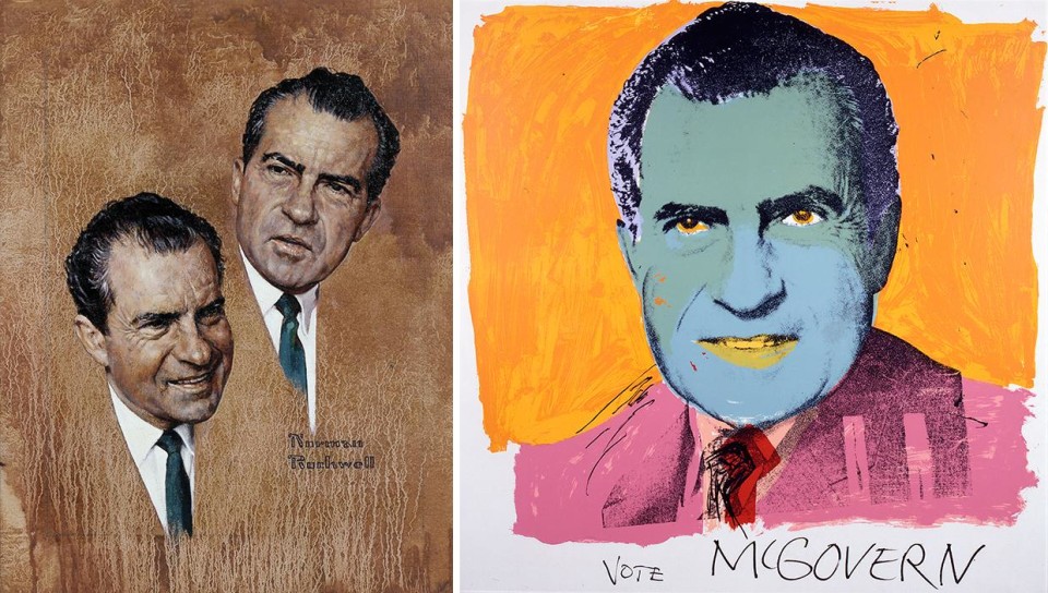 Nixon a confronto tra i due artisti (a sinistra Rockwell e a destra Wharol)